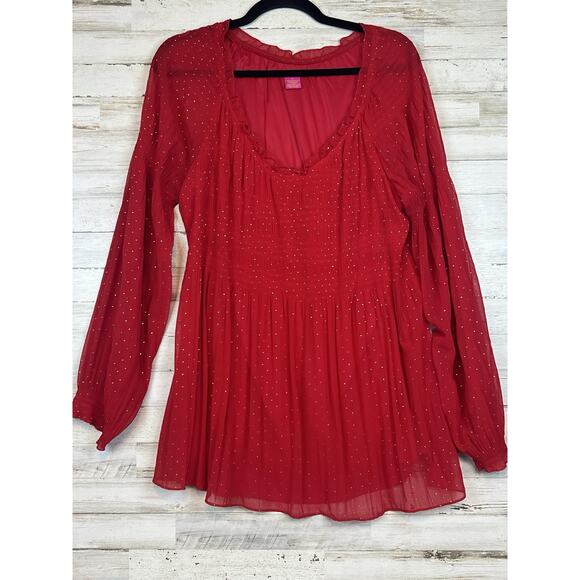 Sunny Leigh Women’s XL Red Sheer Blouse Gold Dot Smocked Peasant Top - Picture 1 of 9